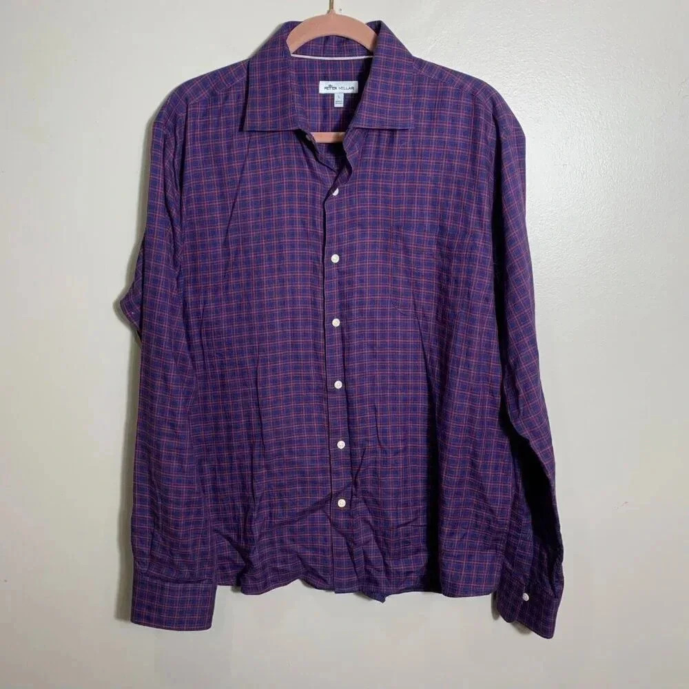 Peter Millar Purple and Red Plaid Casual Button Down Shirt